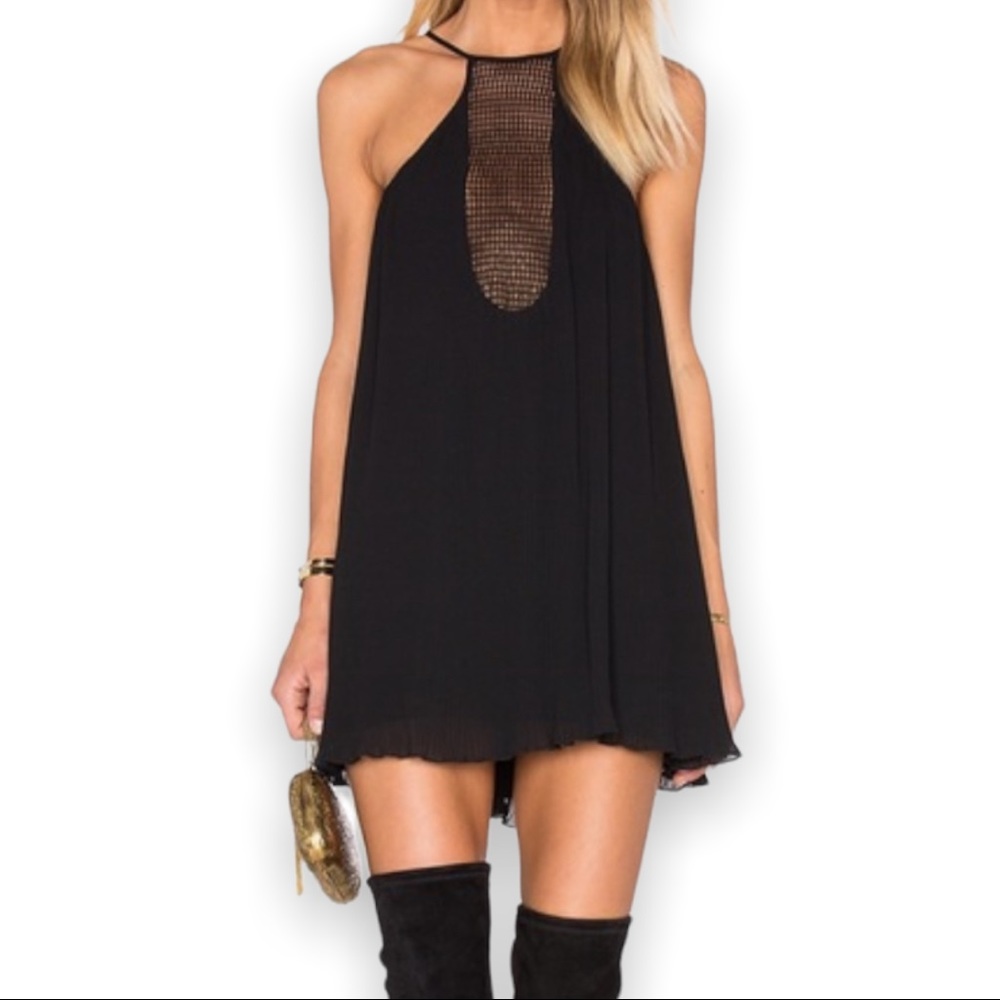 NBD Revolve Missy Black Mini Dress Pleats Mesh Panel Flowy Lined Size X-Small